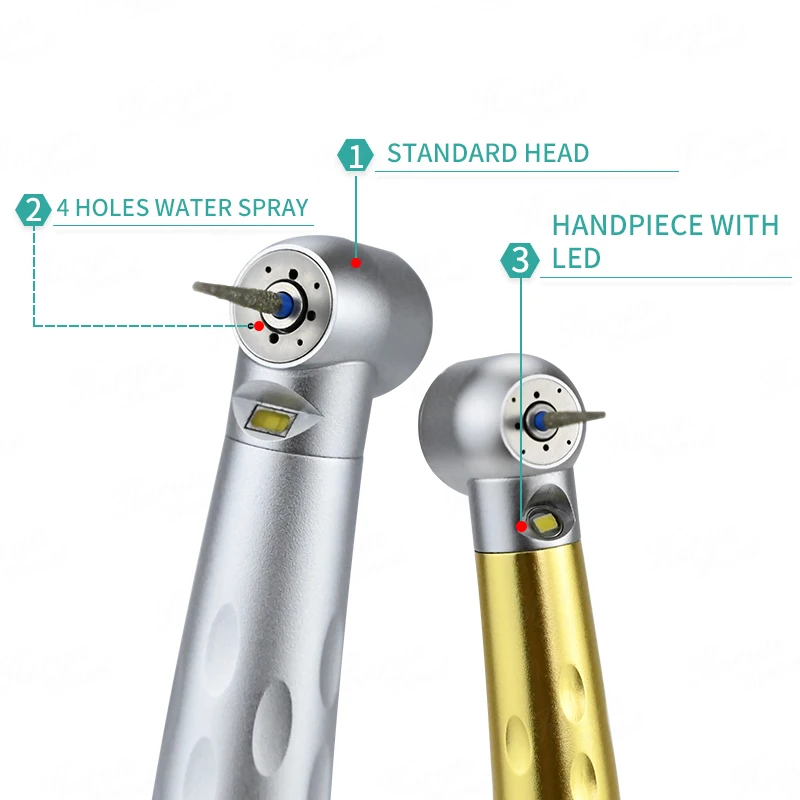 Colorful Dental High Speed 350000rpm Air Turbine Handpiece Standard Head Push Button 4 Water Spray 2 4 Hole With LED