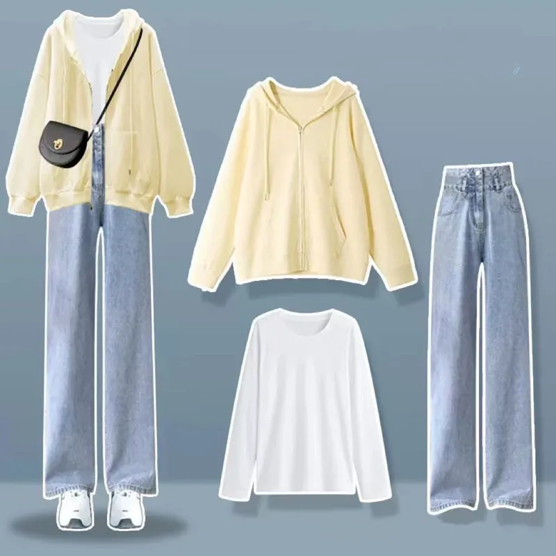 Autumn/Winter Women\'s Set Korean version loose and thick hooded jacket+T-shirt+denim wide leg pants three piece set