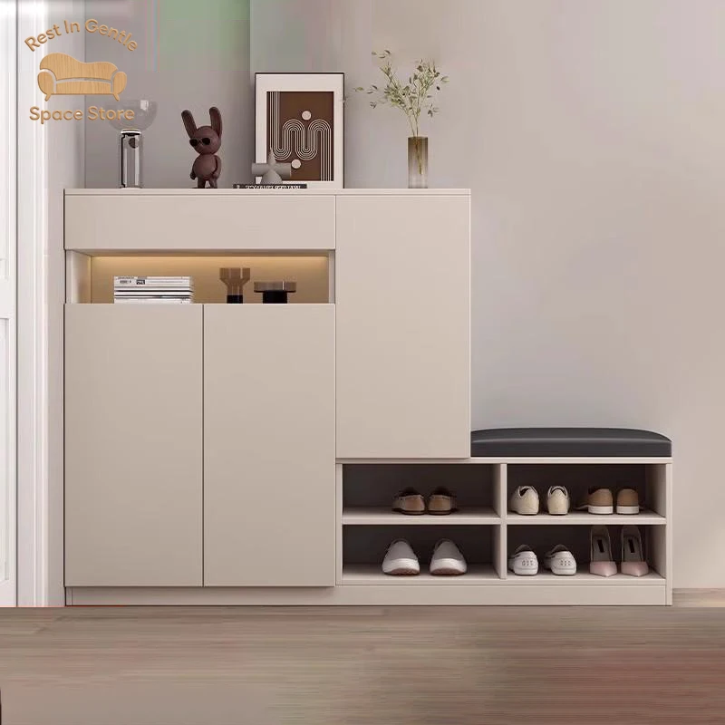 2025 new solid wood large-capacity home entrance cabinet seat integrated against the wall