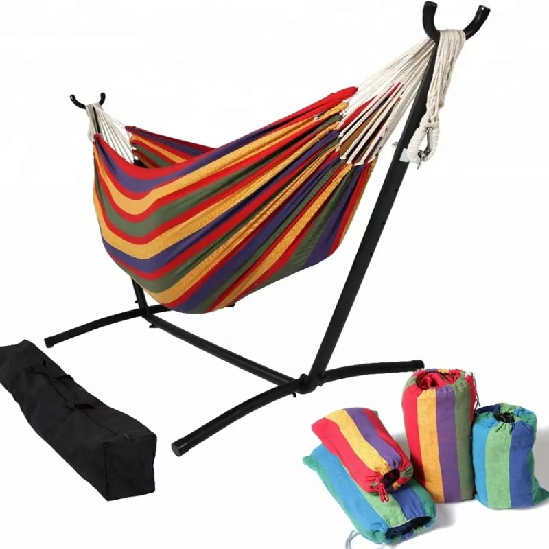 

Portable Double Camping Hammock with Stand Metal Storage Tote Bag Space Saving Outdoor Shaker