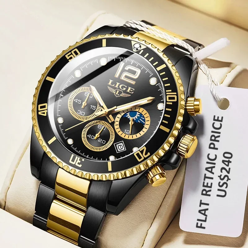 LIGE DESIGN Business Luxury Mens Watches Gold Chronograph Quartz Wrsitwatches Luminous Waterproof Auto Date Clock Watch for Men