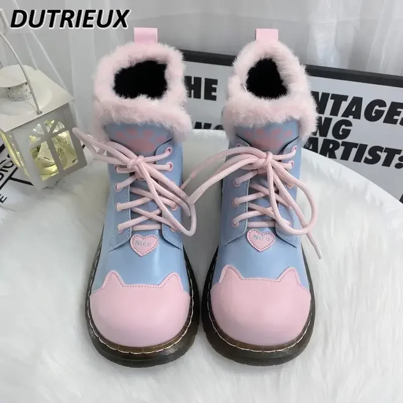 Japanese Cute Lolita Snow Boots Women Warm Fleece Sweetheart Color Matching Round Toe Shoes for Girls Fall Winter Short Boots