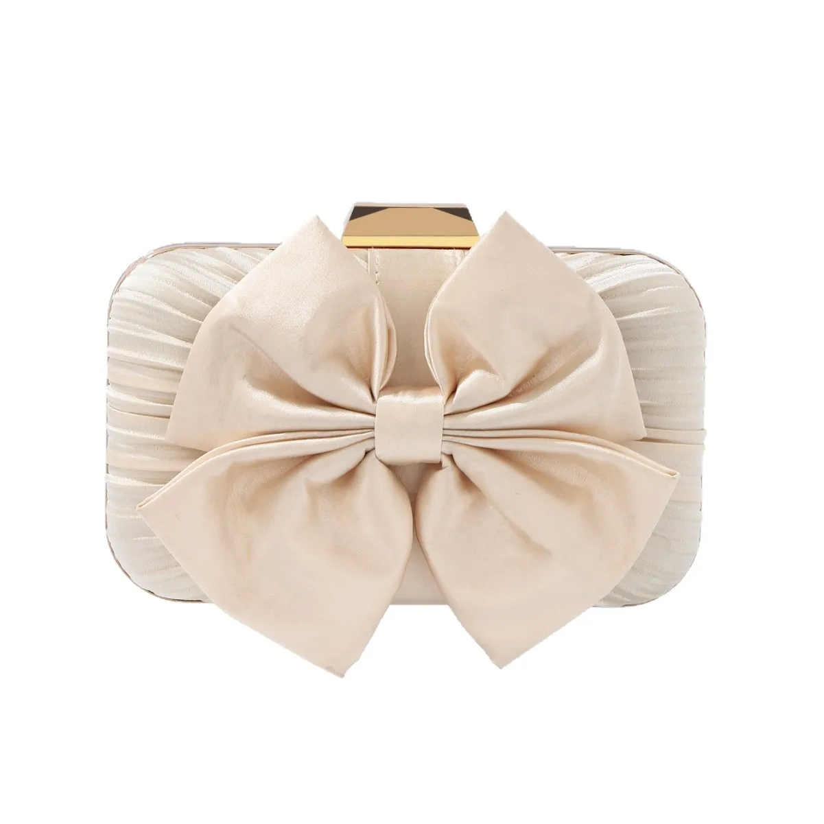 

Элегантный вечерний клатч цвета шампанского с атласным бантом — роскошный плиссированный кошелек-кошелек с золотым акцентом, стильная вечерняя сумочка для женщин