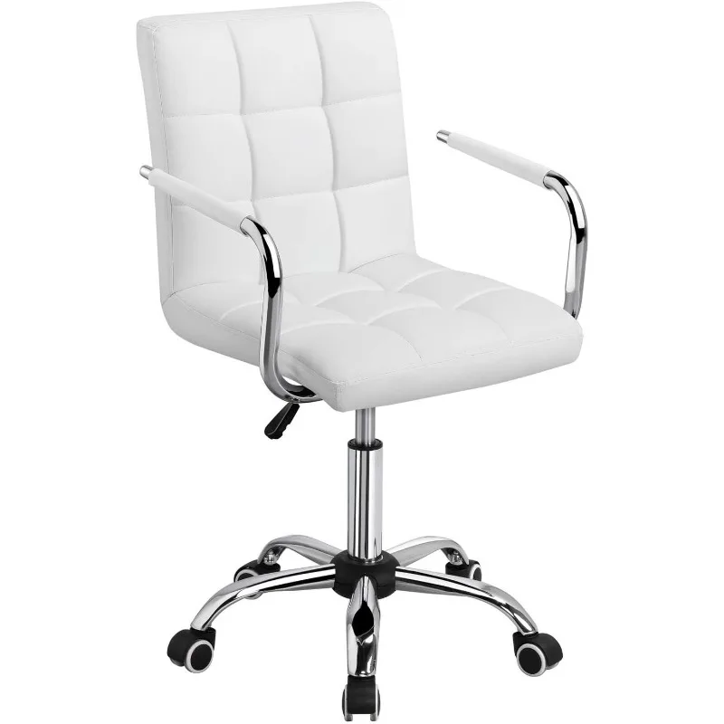 

White Desk Chairs with Wheels/Armrests Modern PU Leather Office Chair Midback Adjustable Home Computer Executive Chair 360