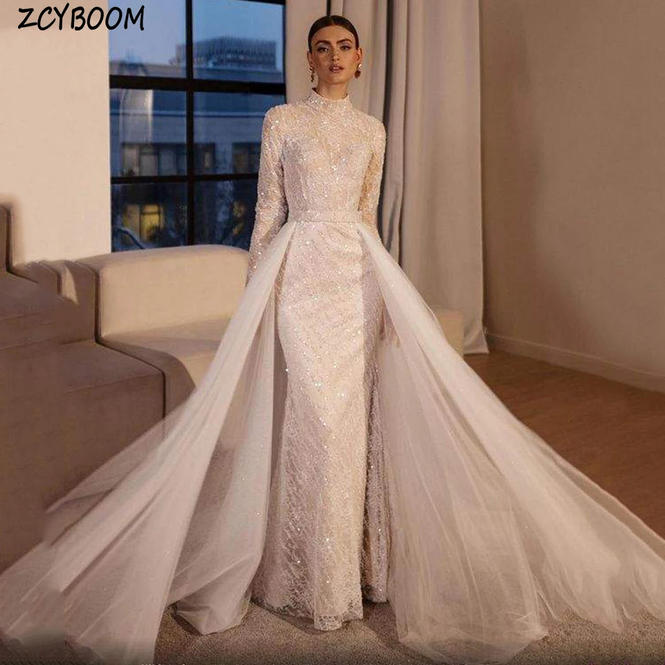 Luxury High-Neck Sequin Lace Long Sleeves Princess Wedding Dress 2024 Mermaid Floor Length Detachable Sweep Train Bridal Gown