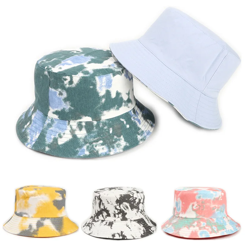 European Tie Dye Reversible Fisherman Hat, Korean Ins Casual Bucket Cap for Men Women, Black Sun Protection Hat