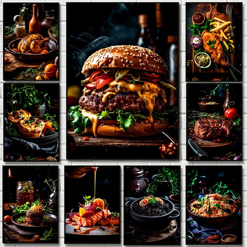Comida occidental, hamburguesa, filete, patatas fritas, salmón, postre, póster, lienzo, pintura, imágenes artísticas de pared, decoración de cocina y restaurante