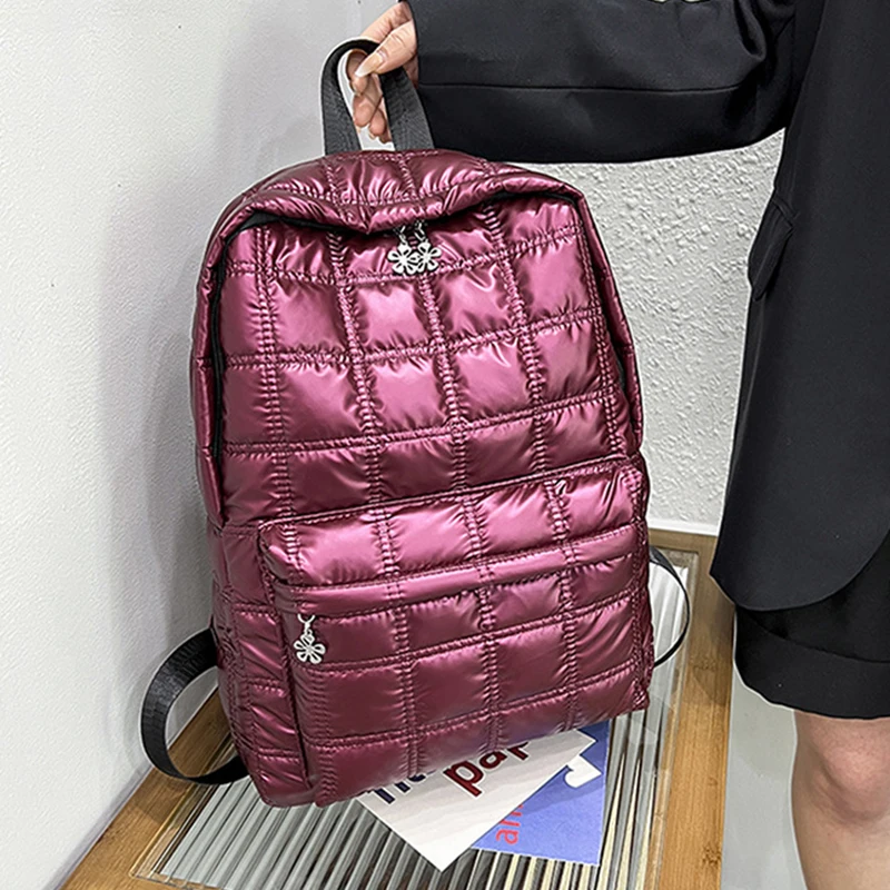 Backpack Women\'s New Korean Fashion Space Cotton Backpack Diamond Designer Thread Shoulder Bag Large Capacity Down School Bag