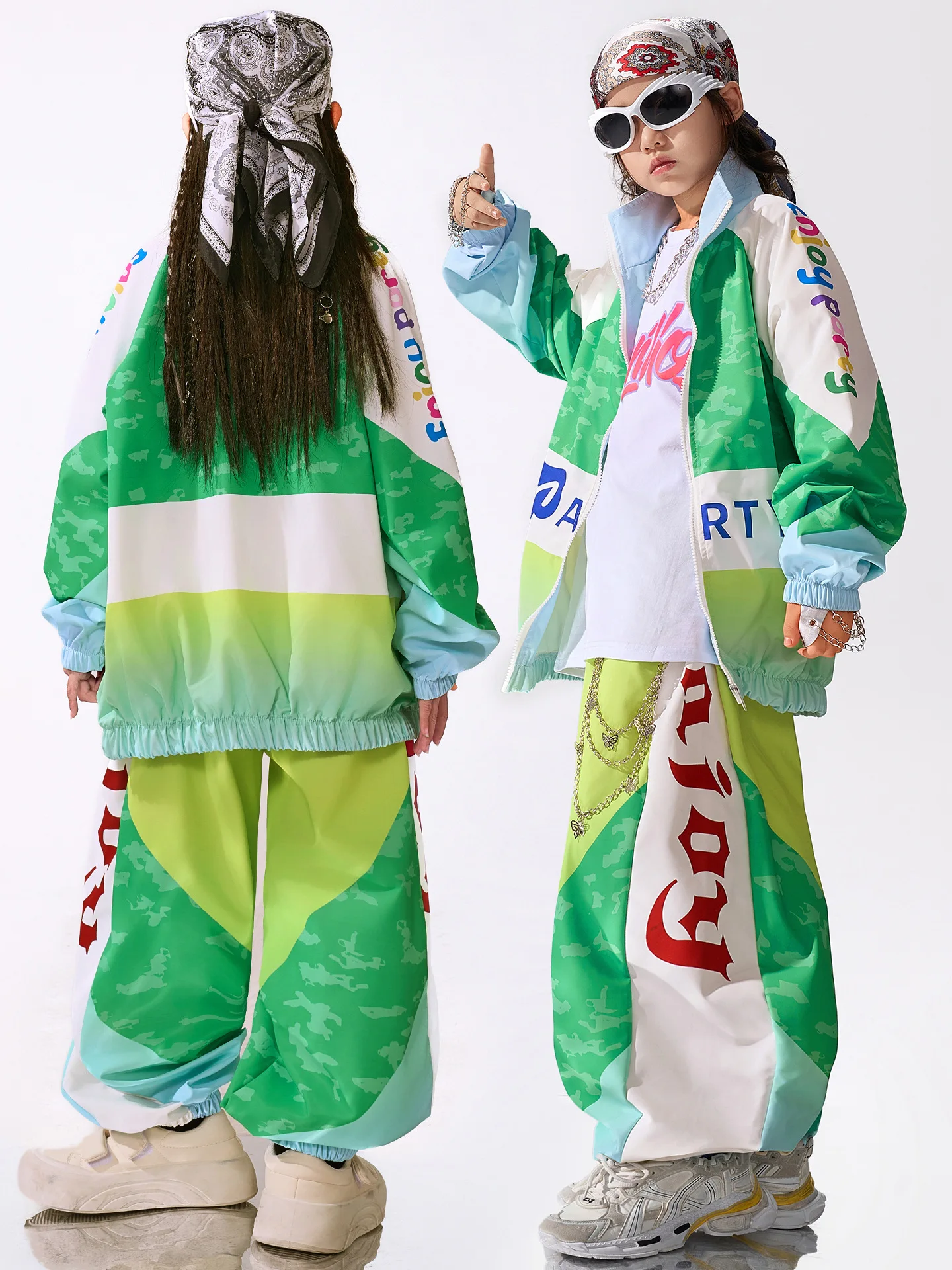 십대 녹색 스포츠 정장 헐렁한 힙합 의류 긴 소매 코트 바지 소년 소녀 가을 겨울 거리 댄스 의상