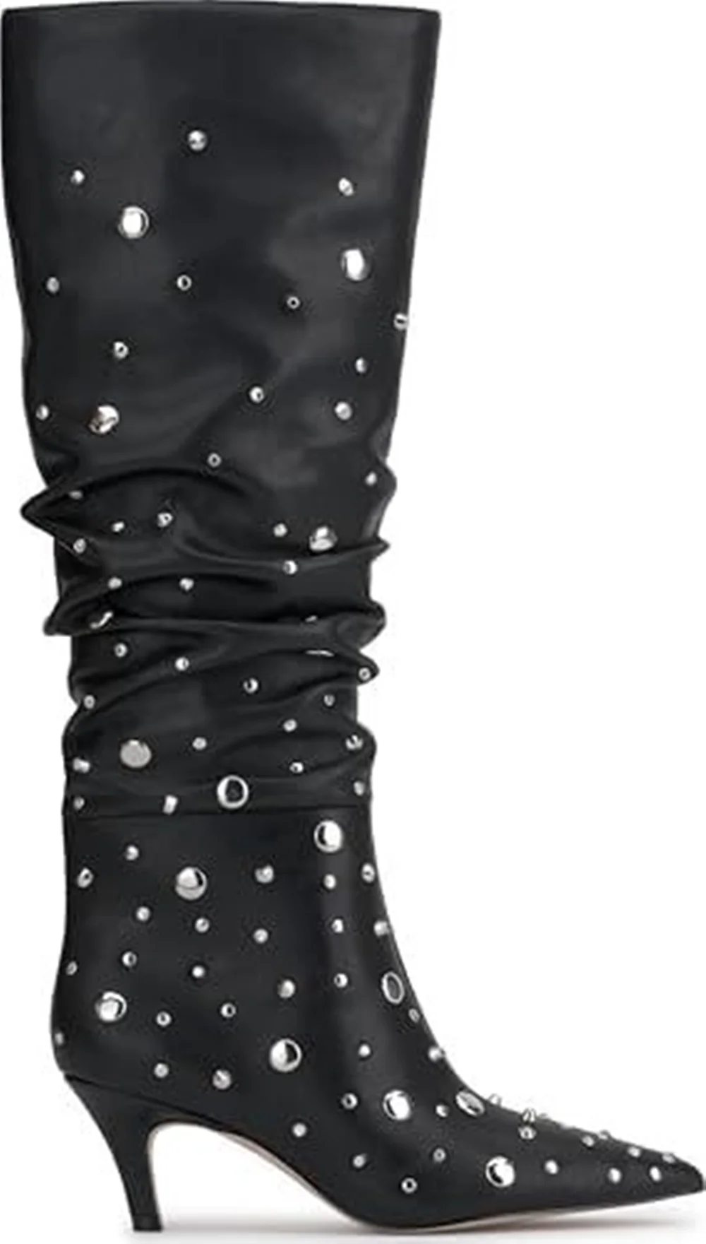 Cool Street Style Black Slouchy Knee-High Boots Silver Stud Design Pointed Toe Stiletto Heel Unique Ruched Design New Boots