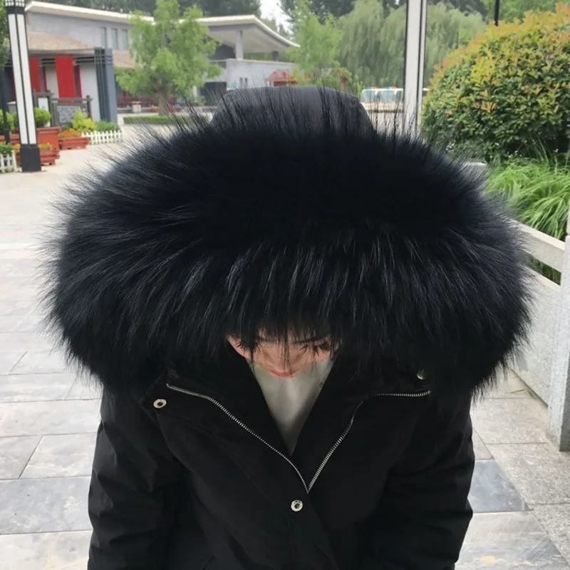 100% Real Raccoon Fur Collar For Parkas Coats Luxury Warm Natural Raccoon Scarf Women Large Size Black Scarves Detachable Shawl