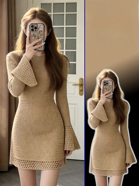 

plus Size Retro Knitted Short Dress Women Casual Waist Cinching Slimming Flared Sleeve round Neck Short Skirt City Commute