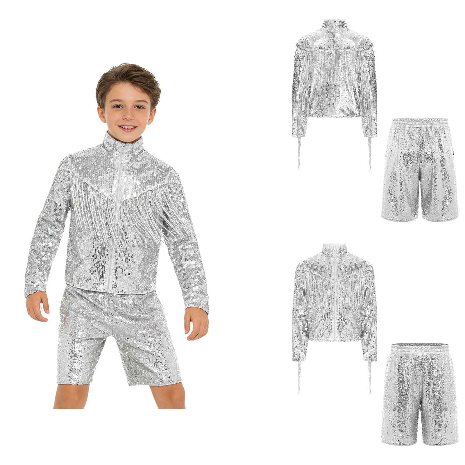 

Kids Boys Jazz Dance Glittery Sequin Outfit Long Sleeve Tassel Jacket and Shorts Performance Costume for Salsa Tango Ballroom