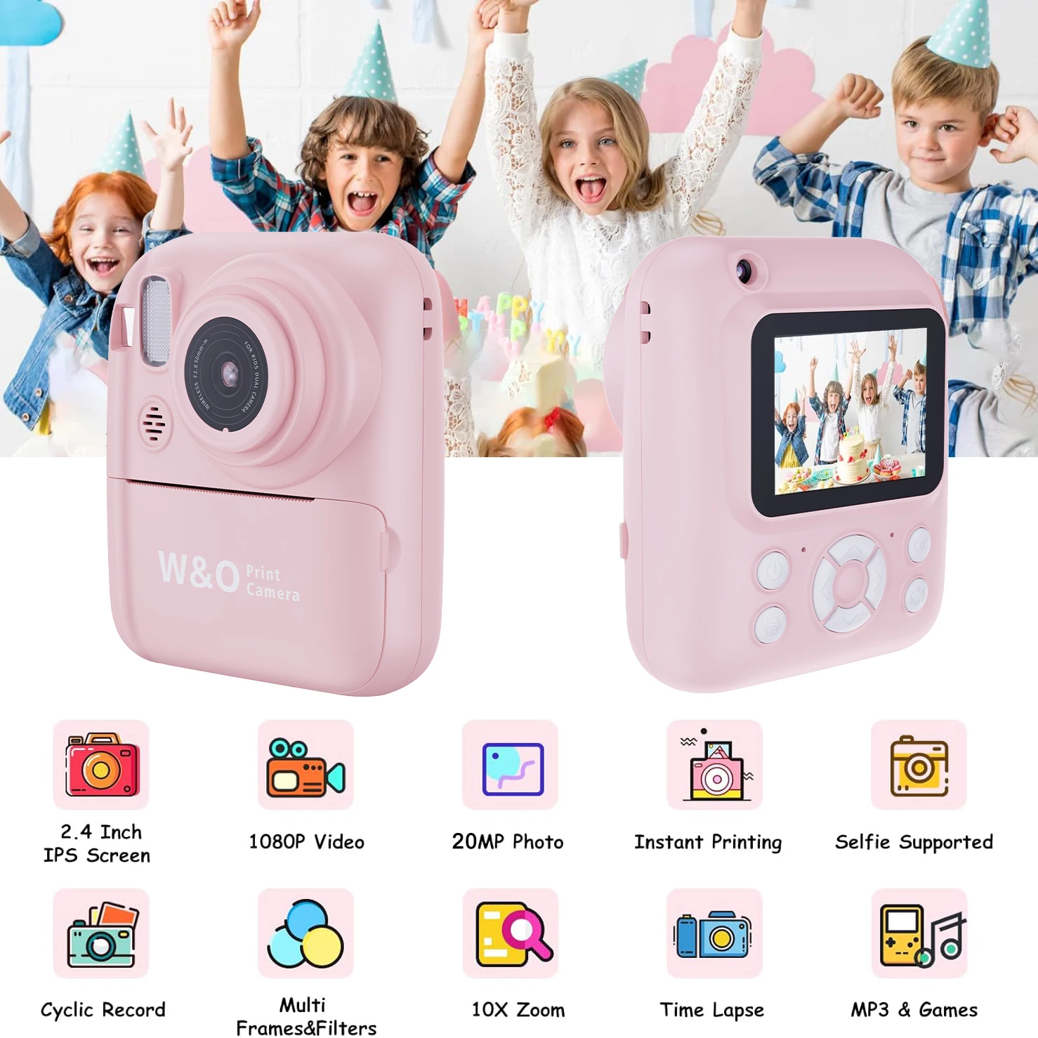 W & O-Appareil photo instantané pour enfants, mini imprimante de film portable vintage, caméra de prise de vue HD Vlog, cadeau d'enregistrement vidéo, Q1, 1080P, 20MP