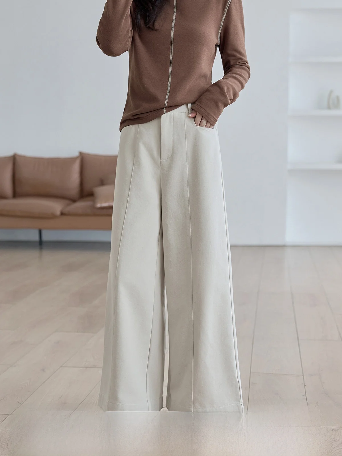 

Khaki Thin Fce Denim Pants Women's High Waist Loose Slim Wide Leg Pants Commute Sle Waed Pure Color Everyday Wear
