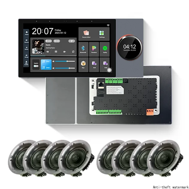 2025 - 7-inch touchscreen smart control panel, capable of connecting 8 ceiling-mounted wired speakers and 2 music zones.