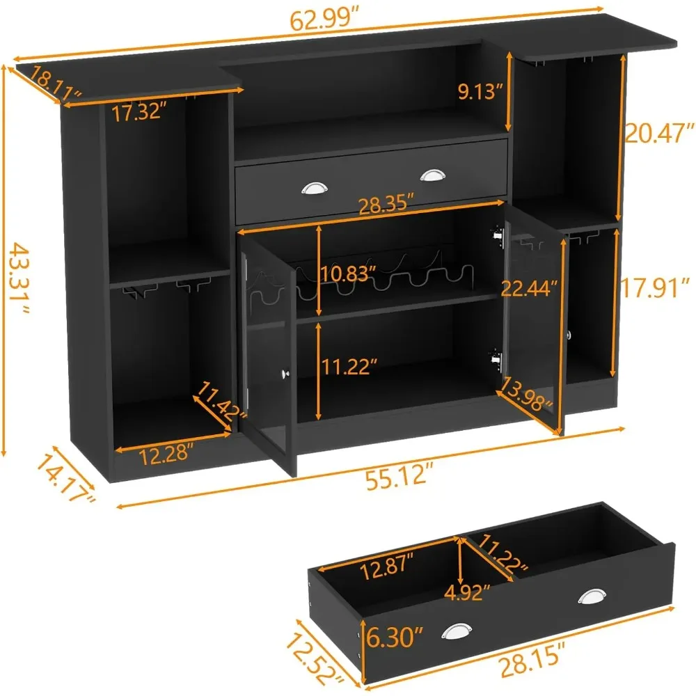 Bar Table Cabinet with LED & Drawer, Mini Liquor Bar with 8-Tier Storage & Stemware Holder, Wine Alcohol Bar Stand w/ Glass Door