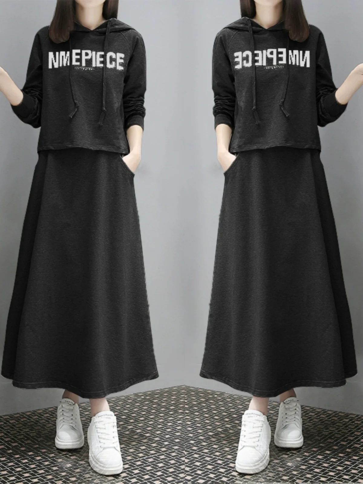 طقم فستان هودي أنيق للتنحيف بمقاسات كبيرة يغطي البطن، تصميم شبابي جذاب لخريف 2024 بأكمام طويلة من البوليستر