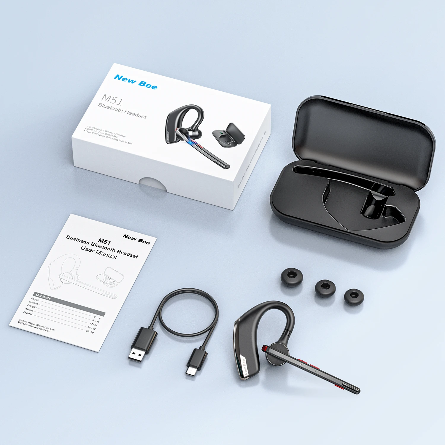 Новая гарнитура Bee M51 Bluetooth V5.2 деловые наушники беспроводные с ушным крючком двумя микрофонами CVC8.0 Фото №6