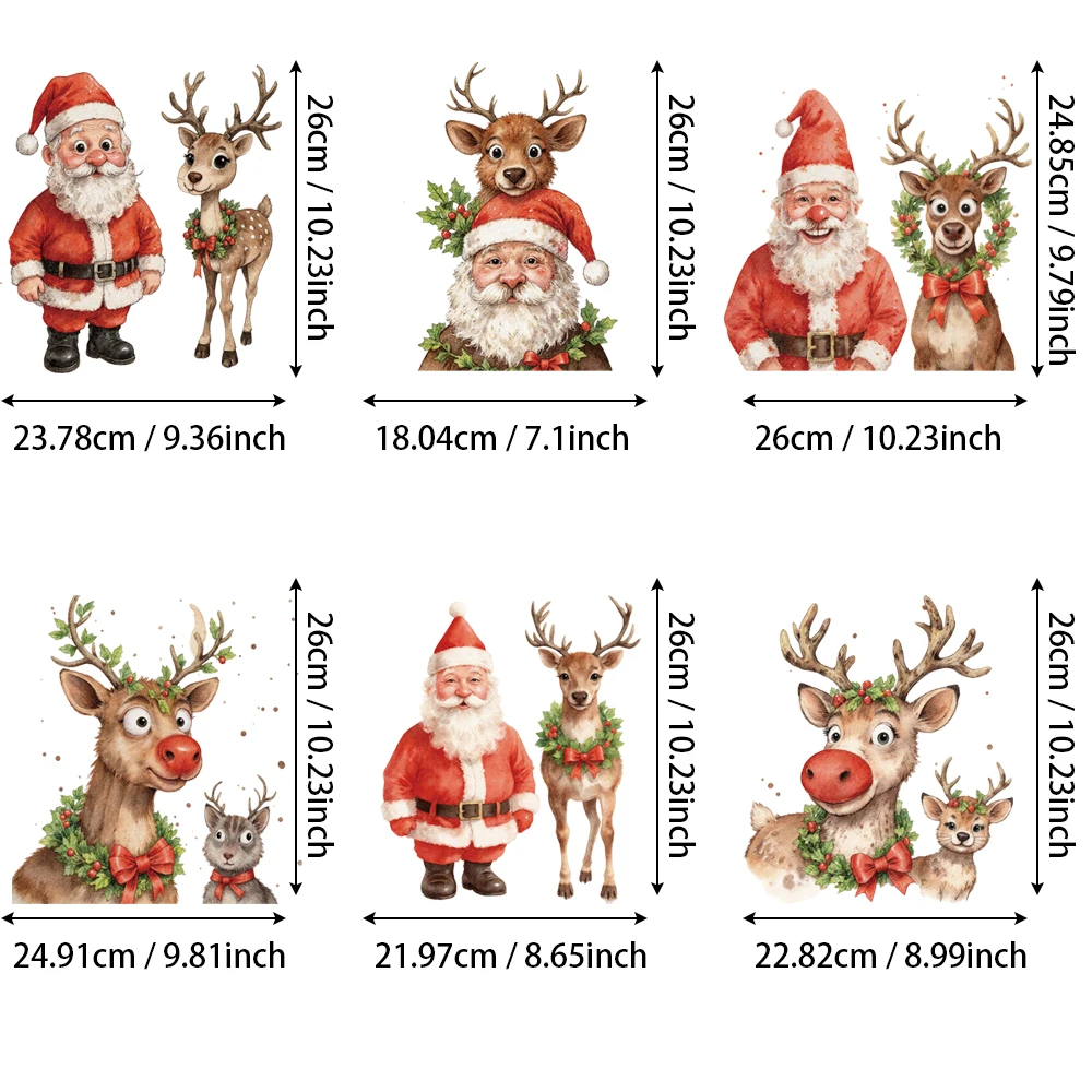 6-Piece Santa Claus & Adorable Reindeer Heat Transfer Vinyl Stickers – Ideal for personalizing clothing, bags, pillows & more.