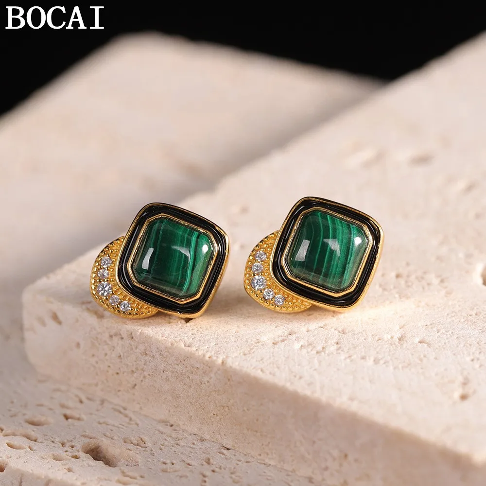 

Серебряные серьги BOCAI S925, модные, роскошные, с позолотой, с камнем павлиньего пера, квадратные, женские