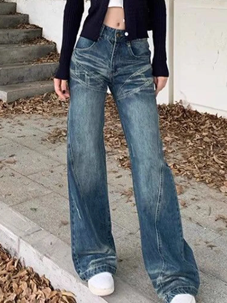 Mujer Vintage pantalones vaqueros acampanados coreano otoño nueva cintura alta pantalones vaqueros ajustados con botones Y2K ropa de calle Retro pantalones sueltos de pierna ancha para mujer