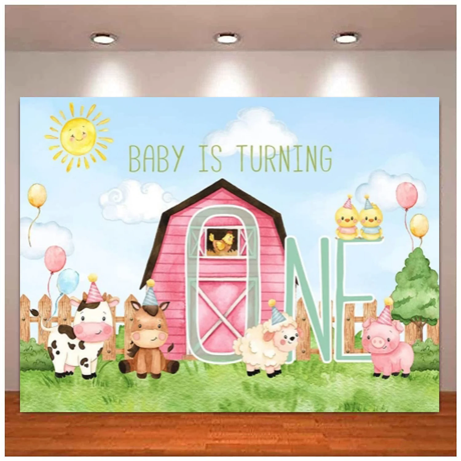 

Baby Is Turning One Photography Backdrop For Kids Birthday Party Decor Pink Barn Farm Animal Background Cartoon Farm Animals