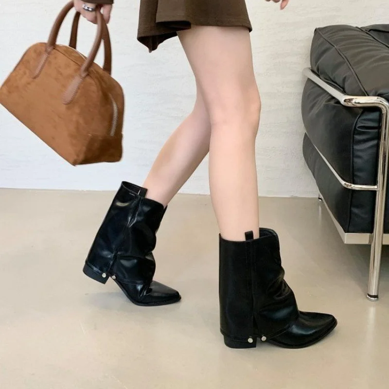 Vintage Damen-Cowboystiefel mit spitzer Zehenpartie, gerafftem Schaft, seitlichem Reißverschluss, Blockabsatz, PU-Leder, Herbst/Winter – Detail 4