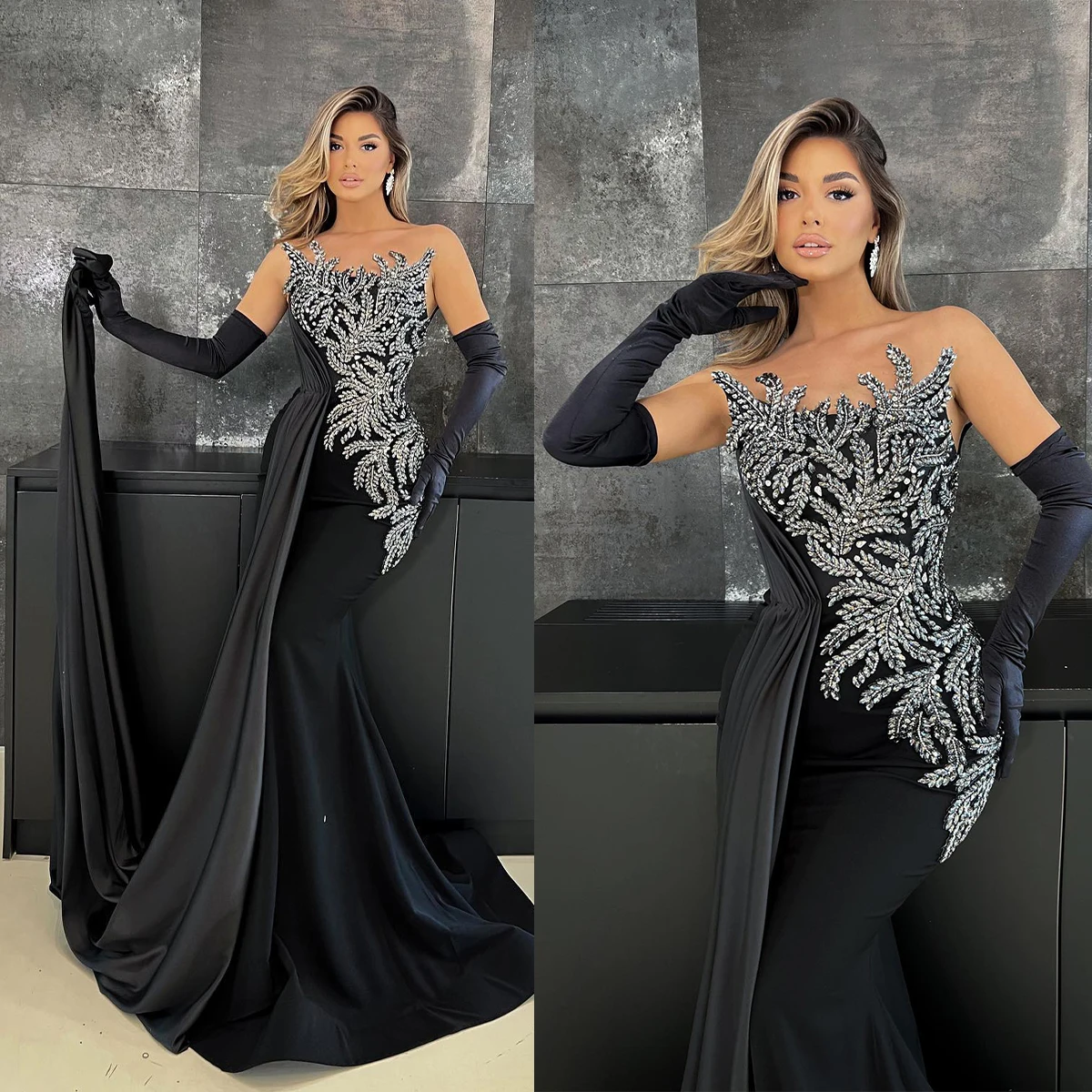 Gorgeous Evening Dress Mermaid Formal Occasion Dress Art Deco-inspired Neck Leaves Applicants Pleats Prom Dress Vestido De Noite