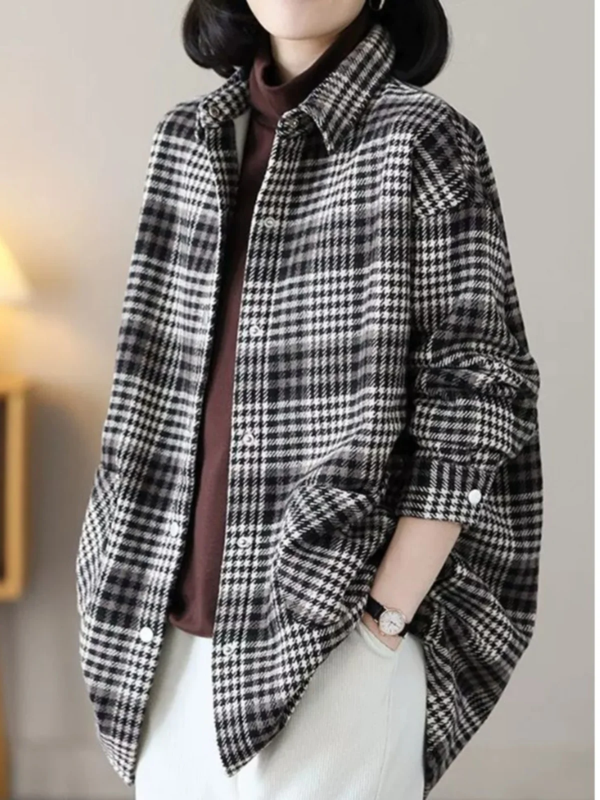 

Casual Loose Plaid Midi Coat Spring Autumn Fashion Versatile Brand New Goods Artistic Style Women's Long Sleeve Button up Shirt