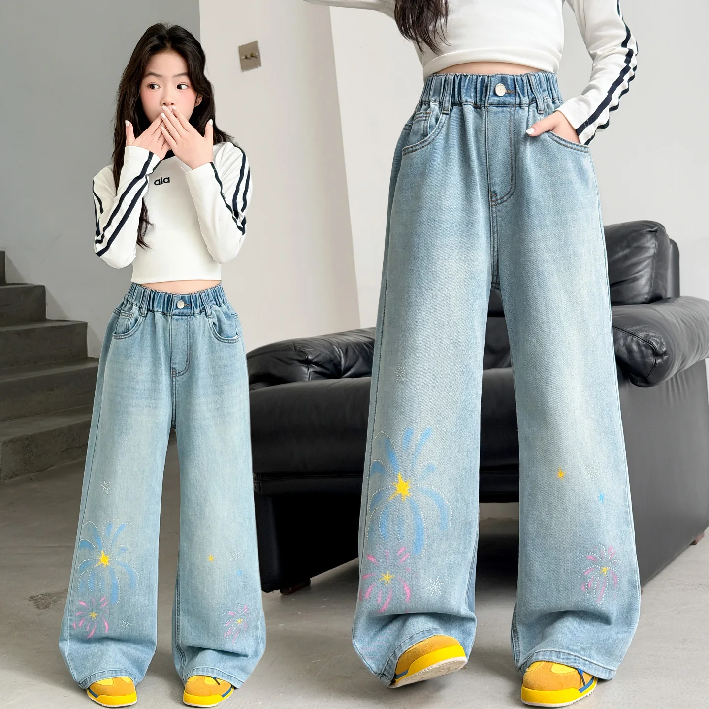 

Children New Fashion Crystal Embellished Jeans with Flowers for Teen Girls Bedazzled Rhinestone Denim Pants Kids Street Trousers