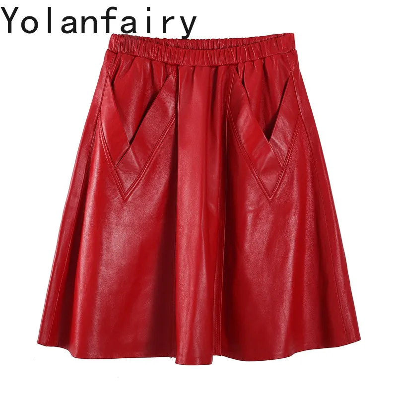 YOLANFAIRY 2026 New Autumn Winter Women Genuine Sheepskin Red Leather Midi Skirt Elastic Waist A-line Real Leather Skirts Woman