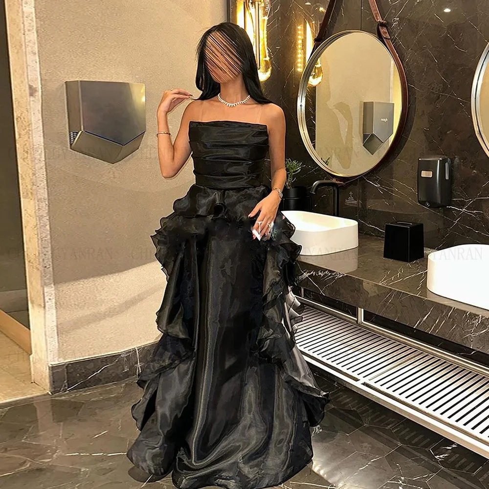 

Organza Black Formal Occasion Dresses 2024 Strapless A-line Long Ball Gown Pleat Tiered Sexy Evening Party Gown فساتين الحفلات