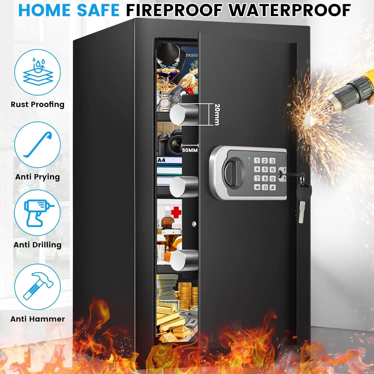 4.3 Cuft Large Fireproof Safe for Home, Safe Box Fireproof Waterproof, Anti-theft Digital Home Safes with Programmable Keypad Ke