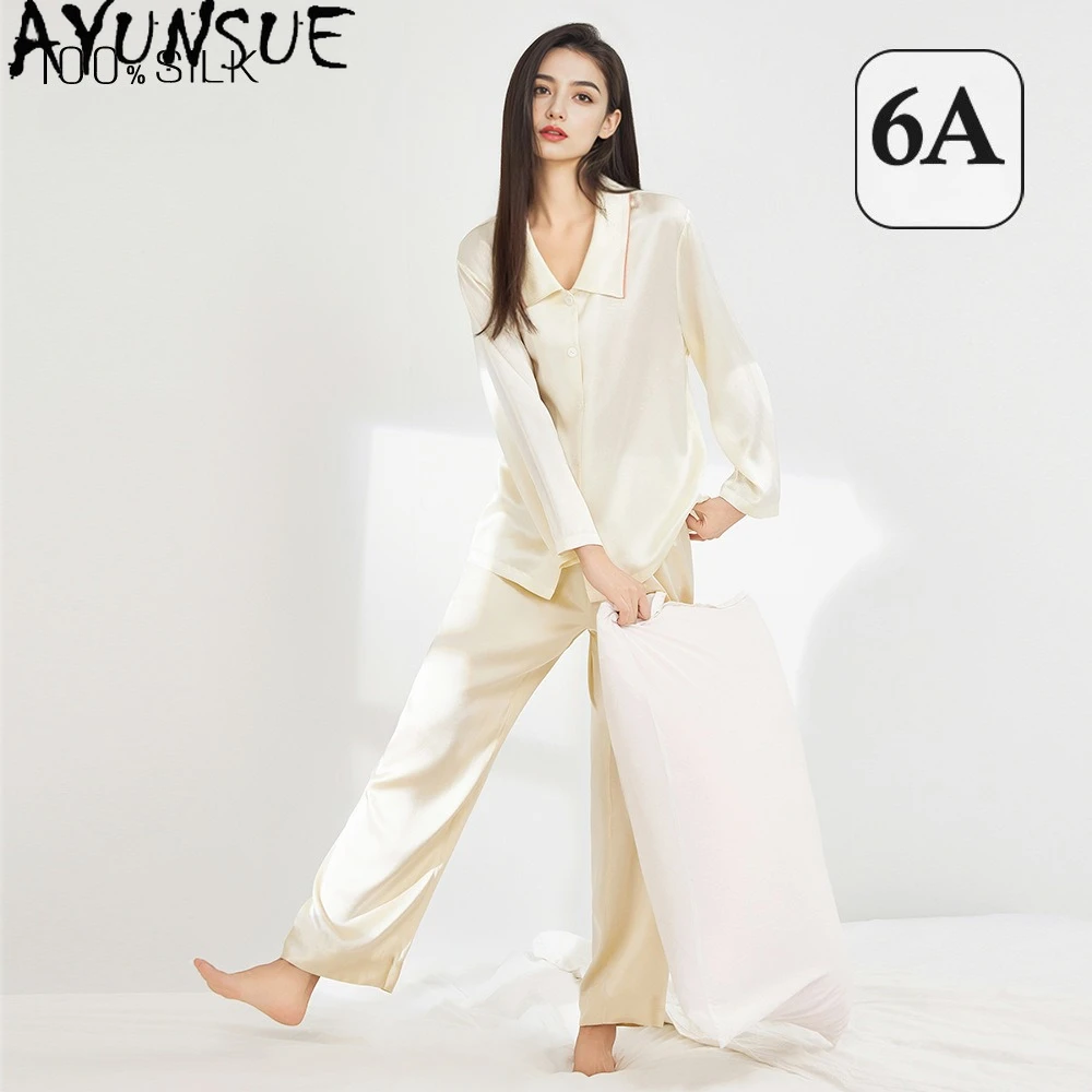 AYUNSUE 16Mm 100% Mulberry Silk Sleepwear Women Spring Summer Clothes Pajama Set Long Sleeve Shirt Casual Pants Womens Outfits