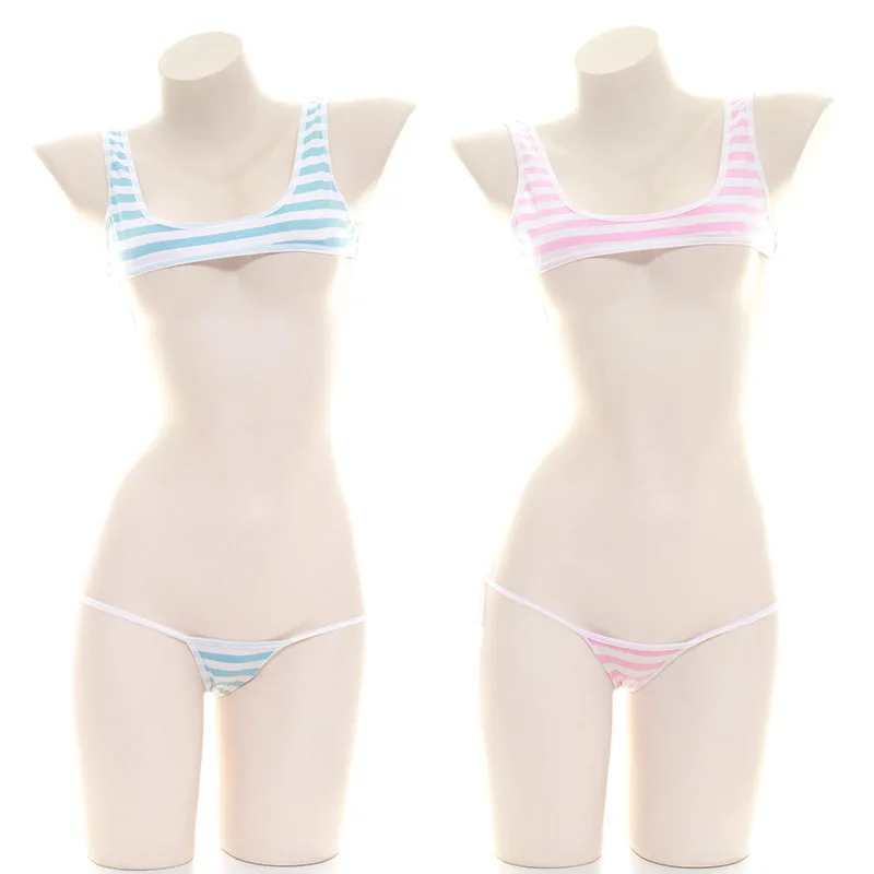 Japanese Cute Stripe Mini Swimsuit Girls Sexy Chestless Low Waist Swimwear Private Underwear Bikini Set Amine Lingerie Role Play