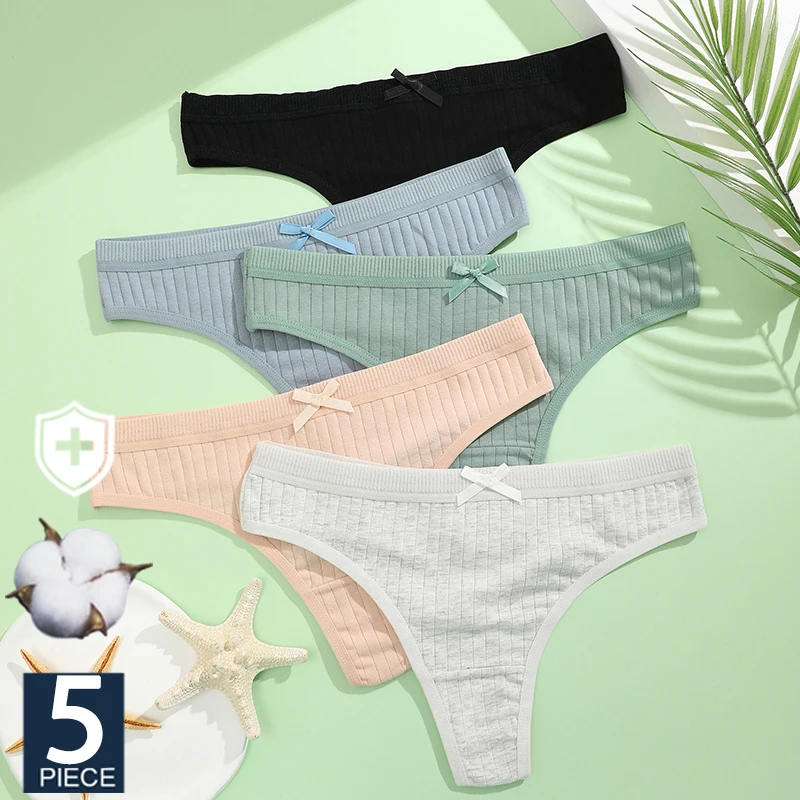 FINETOO 5 Pz/set M-2XL Cotone Papillon A Coste Biancheria Intima per Le Donne Sexy Mutandine A Righe Vita Bassa Perizoma Elastico T-back Lingerie