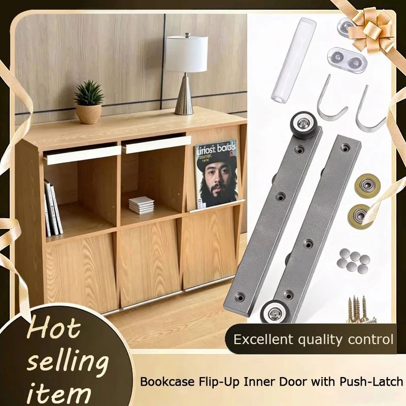 invisible-upward-folding-bookcase-door-hardware-set-concealed-slide-rail-push-open-one-pull-top-side-mount-cabinet-track