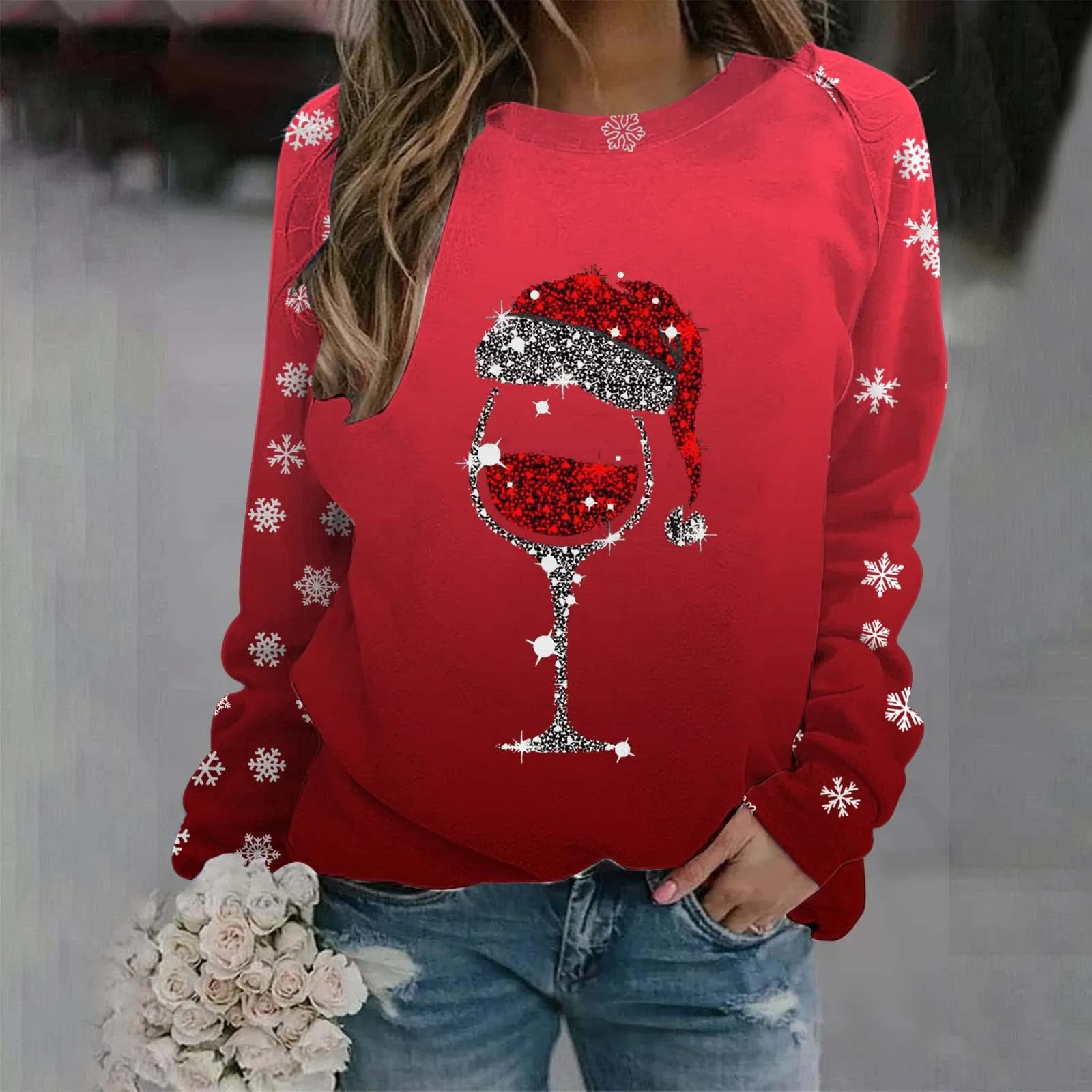 

Christmas Fashion Women Xmas Wine Cup Long Sleeve Sweatshirt Cute Reindeer Graphic New Year Ladies Gradient Pullovers Female Top