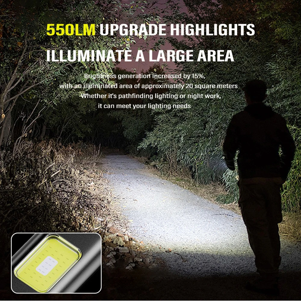 Mini COB Flashlight Rechargeable 550LM Strong light Work Light with Magnet Clip Pocket Lantern Waterproof Outdoor Torch Light
