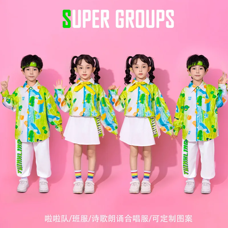 Kids Green Performance Costumes Cheerleader Costume Boy Green Long Sleeve Chorus Dance Costume Girl White Short Skirt