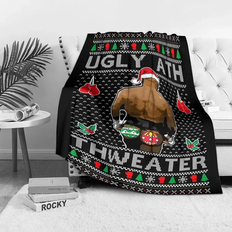 Funny Ugly Christmas Sweater Fleece Blanket, Muscle Man Back Design with Santa Hat, Humorous Party Gift for Festive Decor
