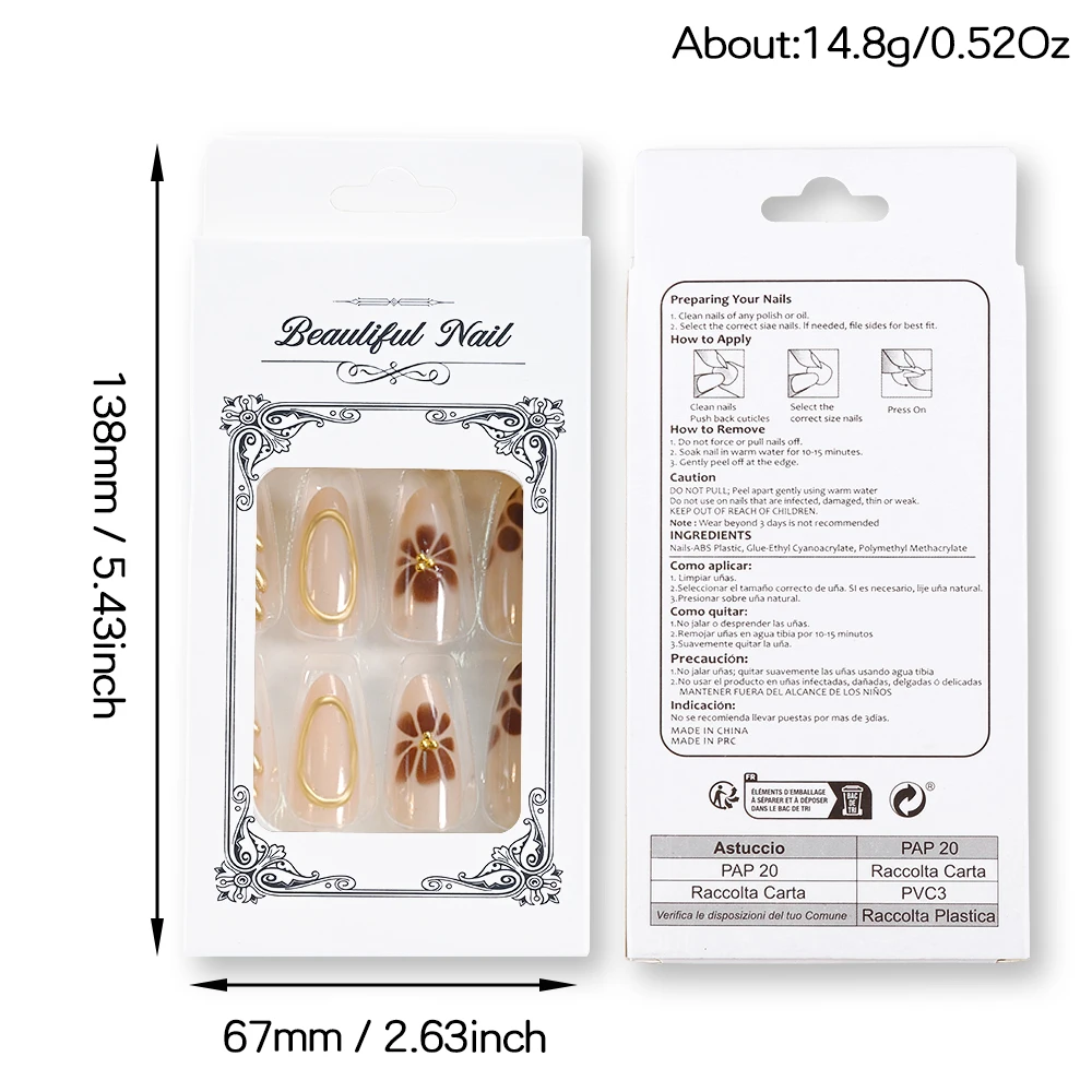 24pcs Luxury Gold Lines Leopard Flowers Fake Nails French Almond Nude Press On Nails with 3D Caviar Beads Wearable False Nailtip