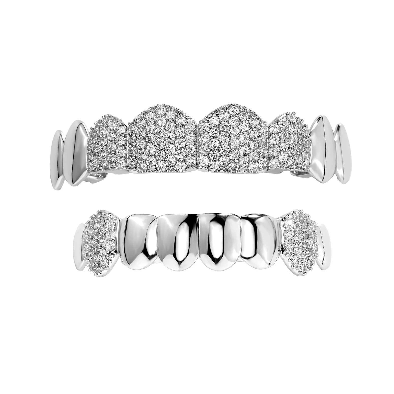 YOUNGX 8/8 Top Bottom CZ Stone Teeth Grillz Hip Hop Glossy Shiny Zircon Tooth Caps For Women Men Jewelry Halloween Gift