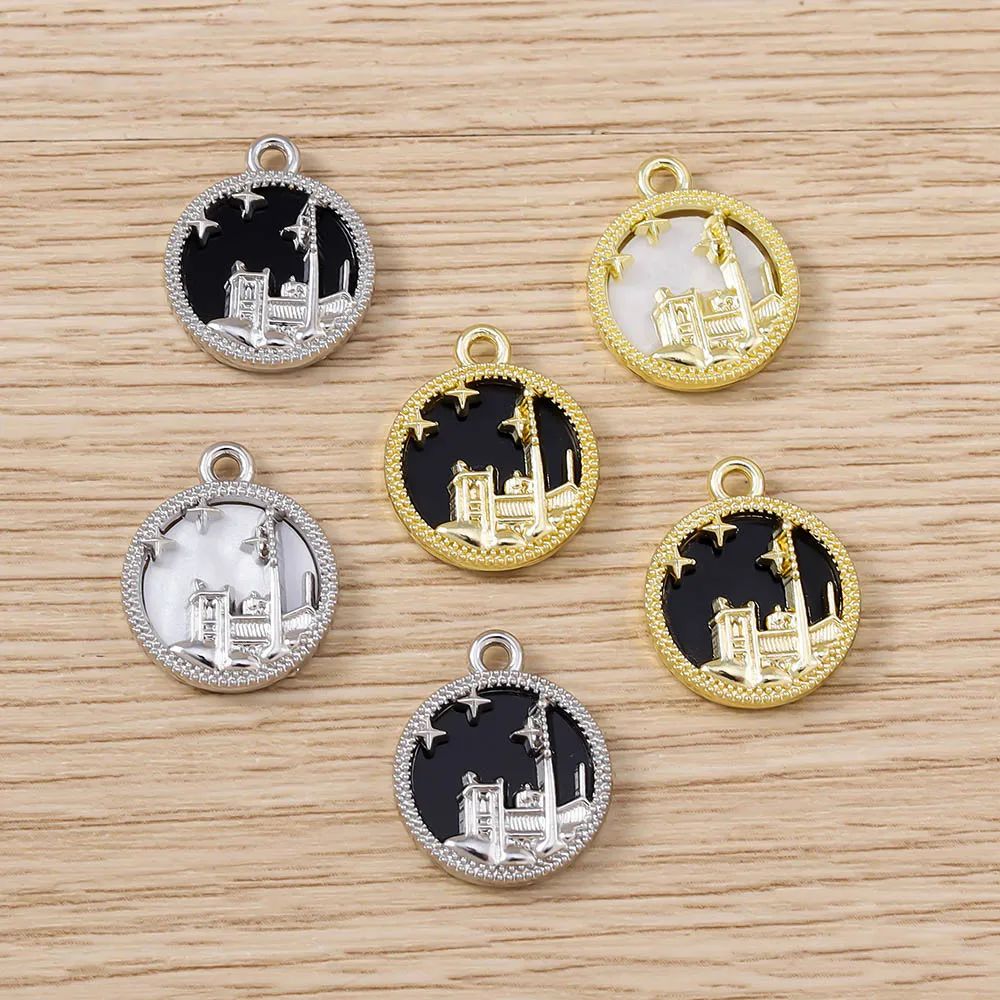 Tusember 5pcs Gold Plated Building Square Pendant For Necklace Natural Shell Round Charms DIY Handmade Jewelry Making Suplies