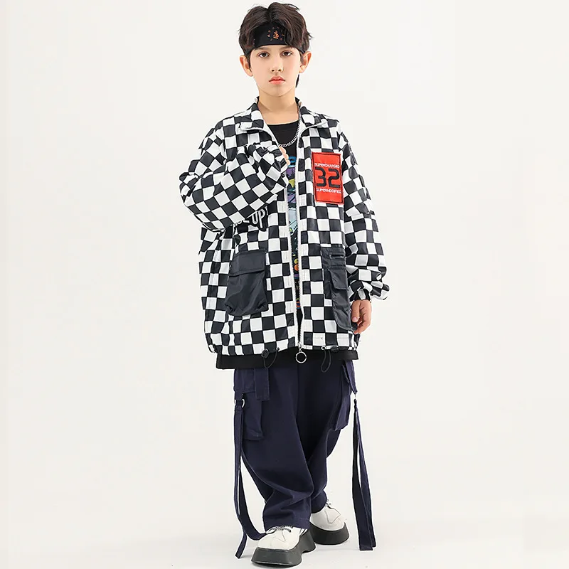 

Kid Hip Hop Clothing Black White Checkered Jacket Navy Blue Casual Street Belt Cargo Pants for Girl Boy Dance Costume Clothes