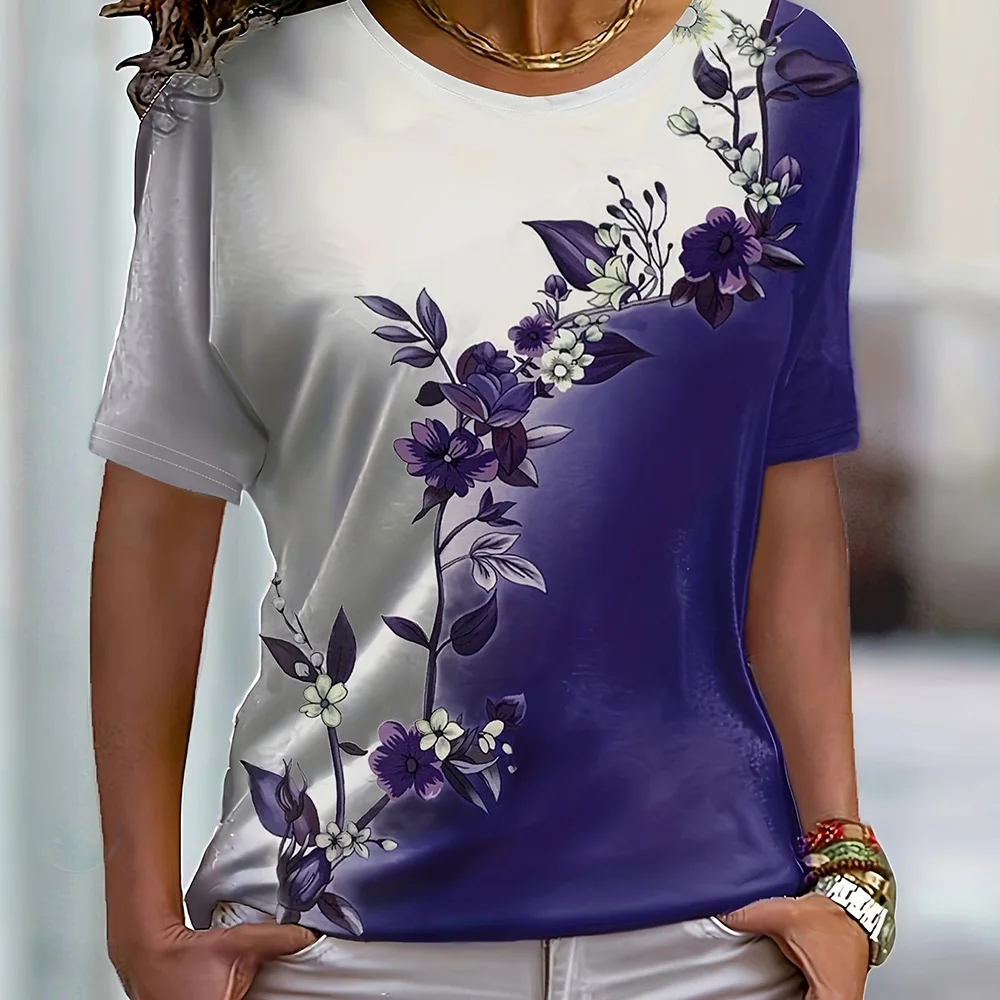 2024 neue frauen Farbe Block T-shirt Sommer Mode kurzarm Top Blume Drucken Lose Kleidung frauen Party T-shirt