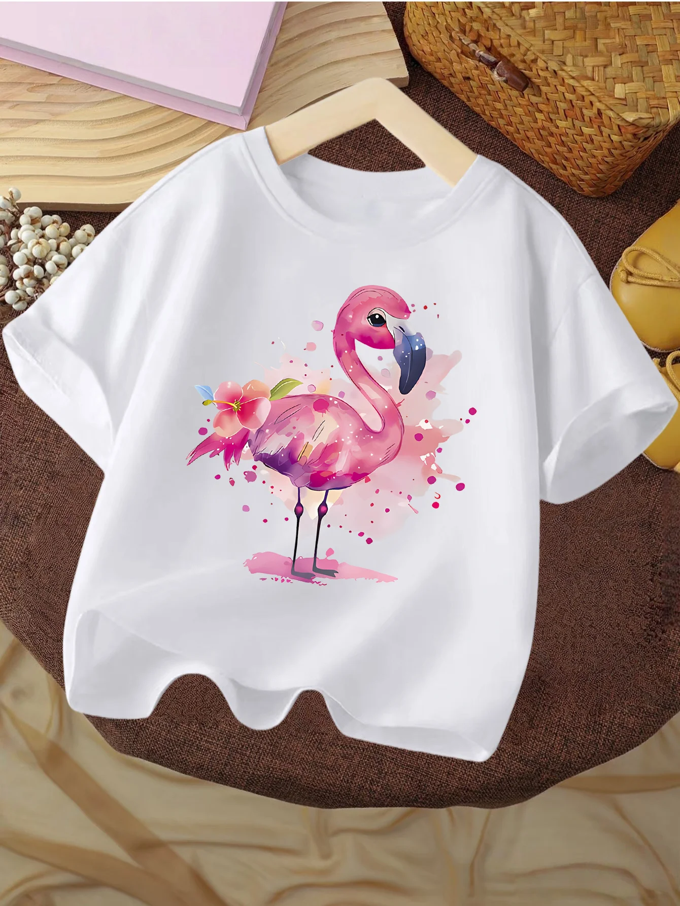 Children T Shirt Beautiful Watercolor Flamingo With Pink Flower Cartoon Art Print Short Sleeve Soft Cotton Kids Daily Outfit