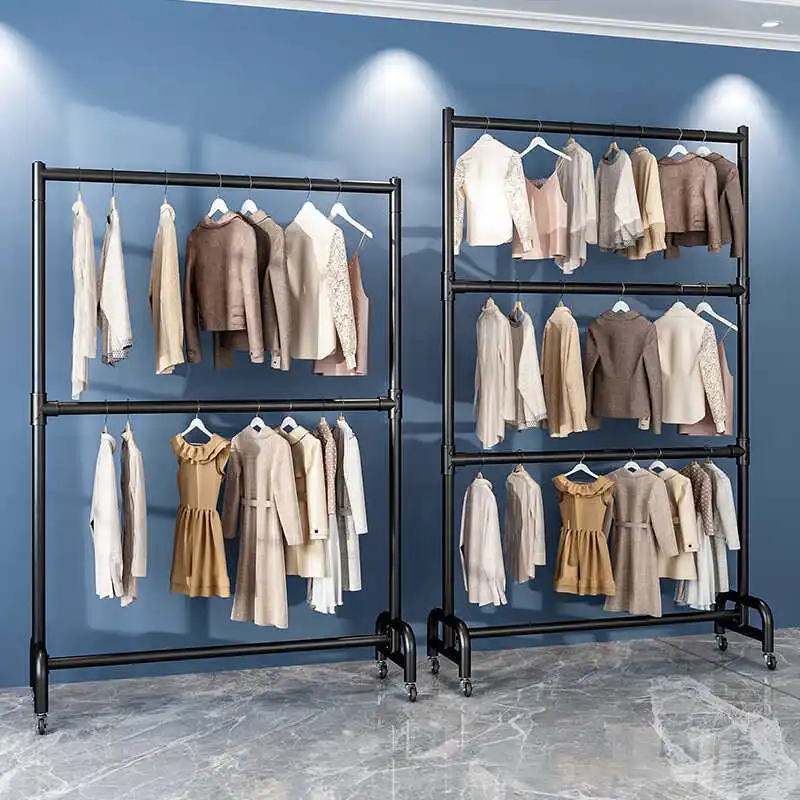 Clothing store multi-layer display rack Floor-to-ceiling double-layer hanger Women's clothing display rack Simple storage