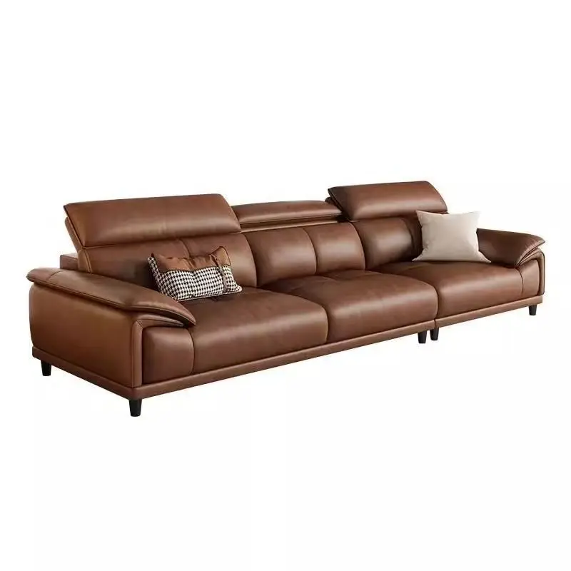 First layer cowhide leather sofa headrest adjustable living room size apartment high-footed sofa straight row